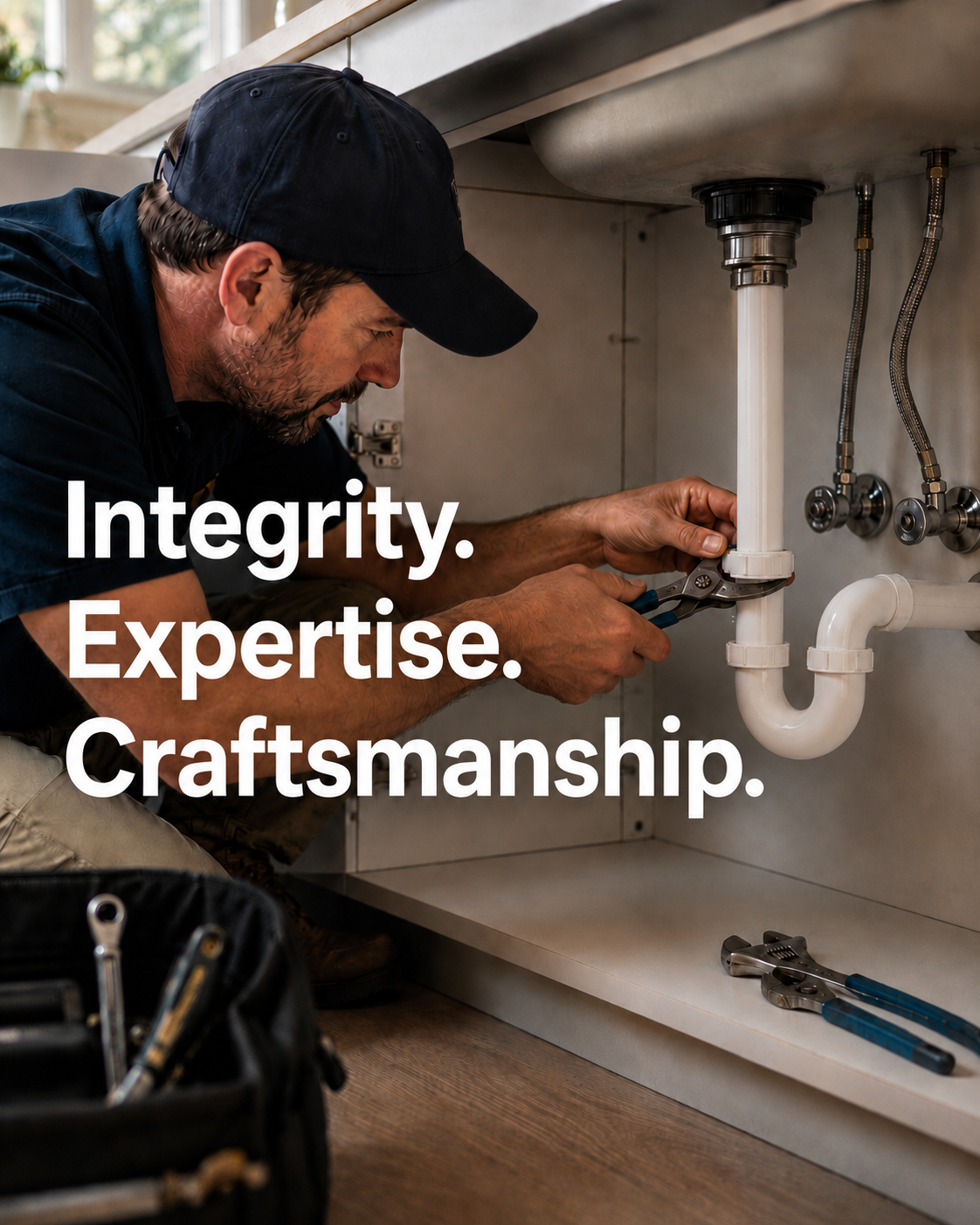 image of plumber using a wrench to tighten pipe fittings beneath a counter